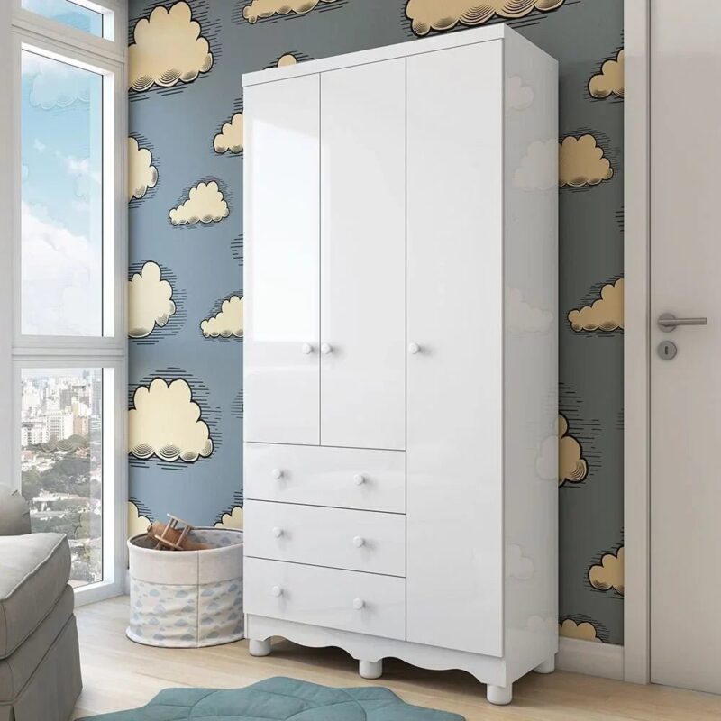 Roupeiro Infantil Mimo 3 Portas e 3 Gavetas - 100% MDF Branco Brilho [Kit Rodapé Duplo]