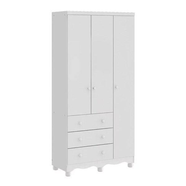 Roupeiro Infantil Mimo 3 Portas e 3 Gavetas - 100% MDF Branco Brilho [Kit Rodapé Duplo]