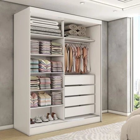 Roupeiro Solteiro Espaçoso 2 Portas de Correr com Espelho e 4 Gavetas - 100% MDF [Cinamomo/Branco-pérola]