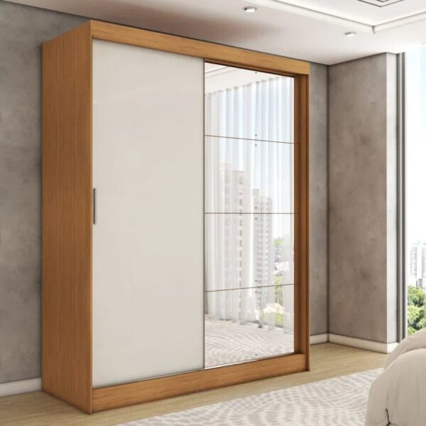 Roupeiro Solteiro Espaçoso 2 Portas de Correr com Espelho e 4 Gavetas - 100% MDF [Cinamomo/Branco-pérola]