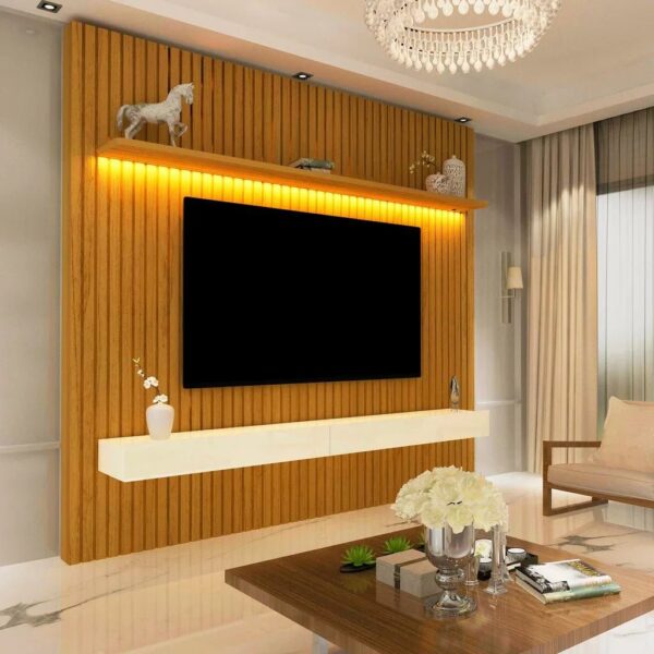 Painel Home Ripado para TV Até 75" com LED e 2 Gavetas - 100% MDF Naturale/Branco-pérola [Altura 2.50m]