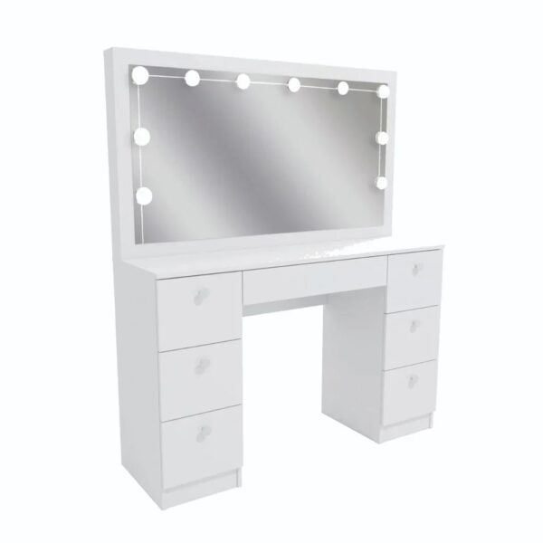 Penteadeira Camarim 7 Gavetas com Espelho e Kit LED Profissional - 100% MDF Branco [Iluminação 3 Tons]