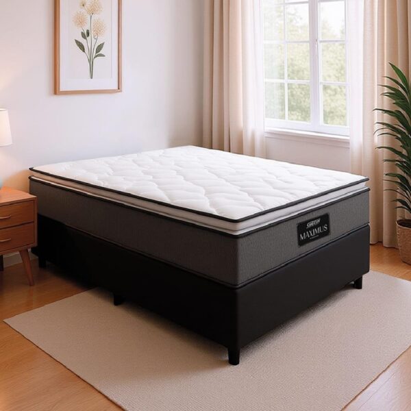 Cama Box Casal Colchão Molas Ensacadas Pillow Maximus 138x188x62cm Cinza / Preto Gazin